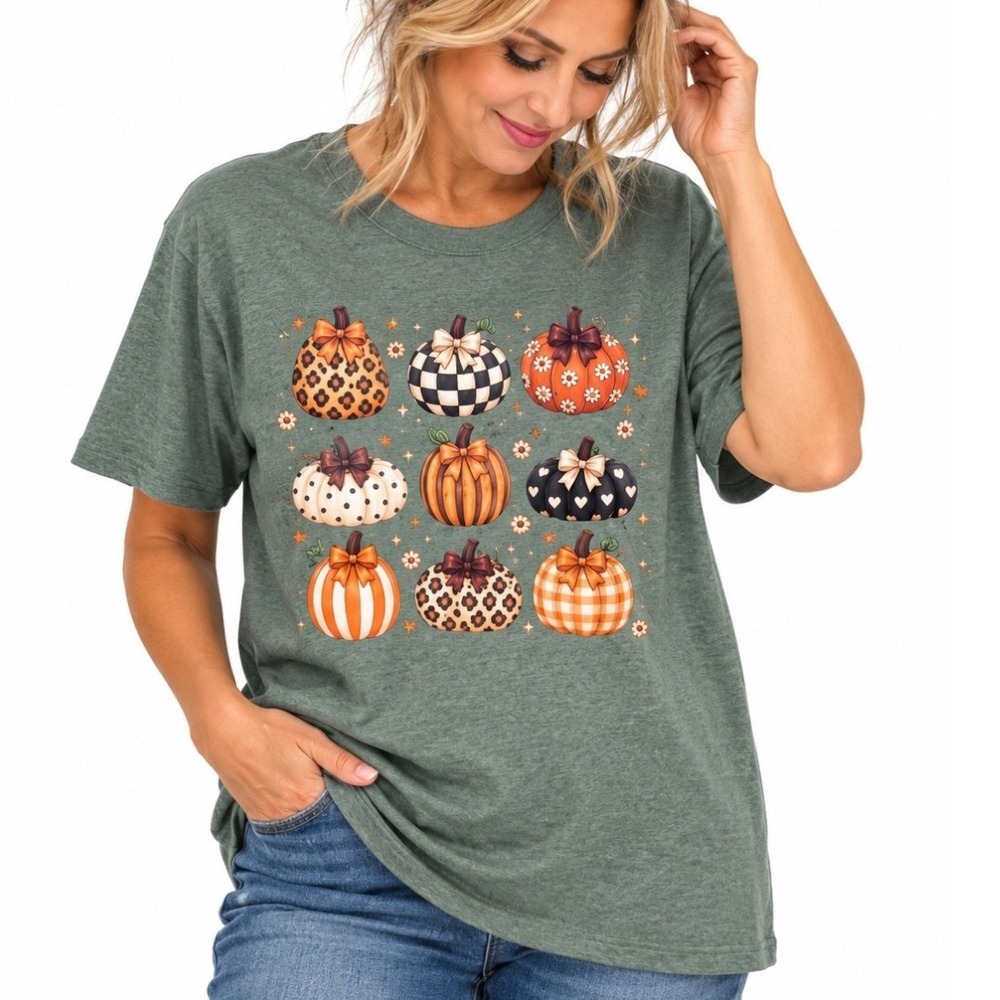 Gildan Pumpkin Graphic T-Shirt Green Fall Halloween Leopard Checkered Large